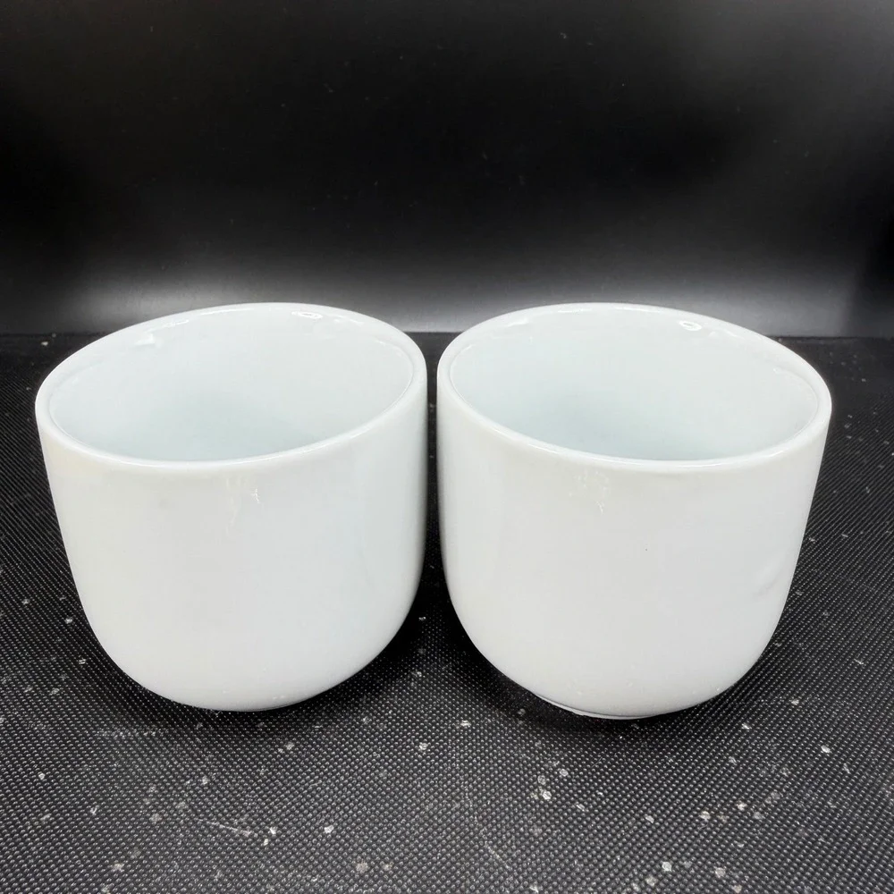 Pier 1 Imports White Ceramic Tea Sake Cups Mugs Handleless Minimalist Set of 2